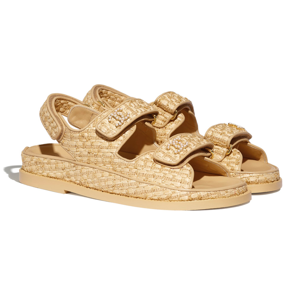 Chanel 21C Beige Raffia Pearl CC Logo Mule Slide Strap Flat Teva Dad Sandal 36 - Picture 3 of 12